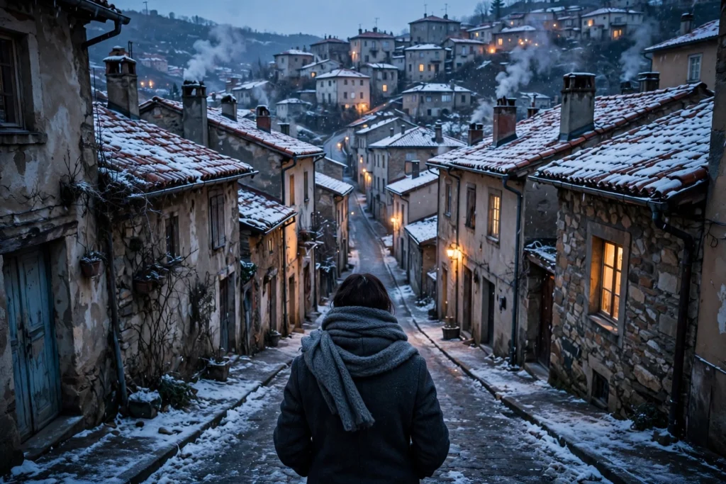 Person in a coat and scarf seen from behind walking up a snowy lane in an old hillside town at dusk, with snow on tiled roofs, lit windows and smoking chimneys