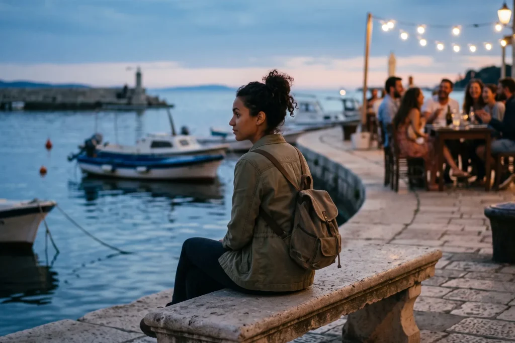 Solo traveler sitting on a harbor bench at dusk looking toward a group of friends laughing at a table under string lights