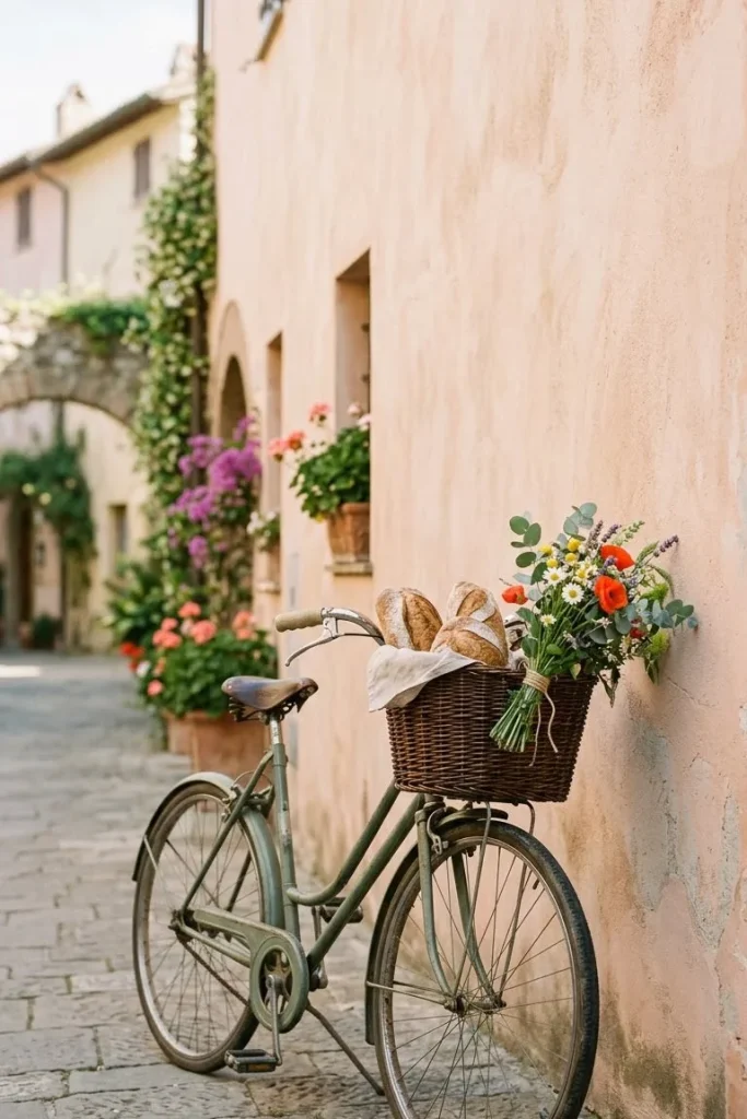 Vintage bicycle with a basket of bread and flowers leaning on a pastel wall