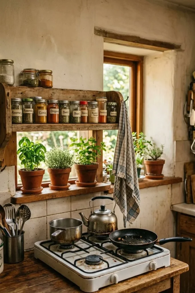 Small lived-in kitchen with a compact stove, spice jars and herb pots by a window