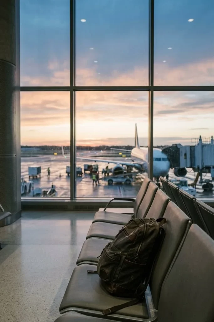 Daypack on a seat at a quiet airport gate at dawn with an aircraft visible through the window