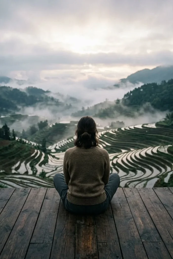 Person meditating on a wooden deck overlooking misty rice terraces at dawn