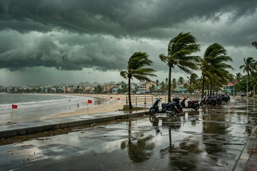 Dark storm clouds over a tropical beach promenade with palm trees bending in the wind, red warning flags on the beach, wet pavement and parked scooters