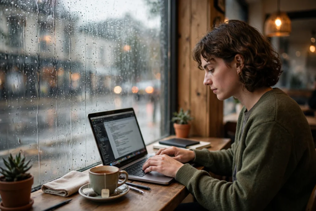 Person typing on a laptop at a cafe window table with rain on the glass and a cup of tea