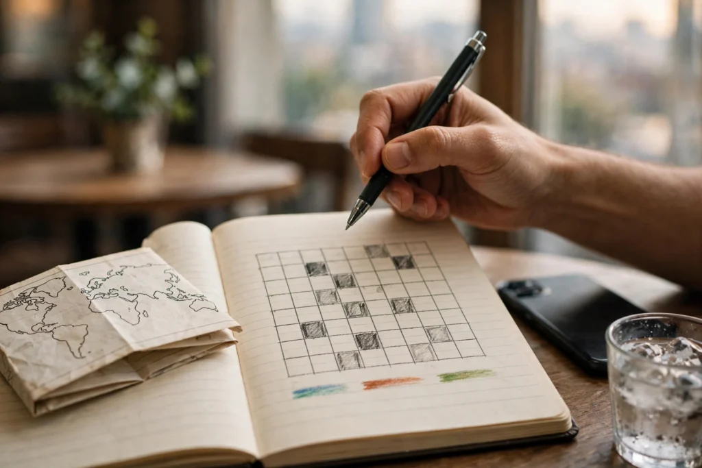 Hand holding a pen over a notebook page with a grid of shaded squares for counting days, next to a folded world map on a café table