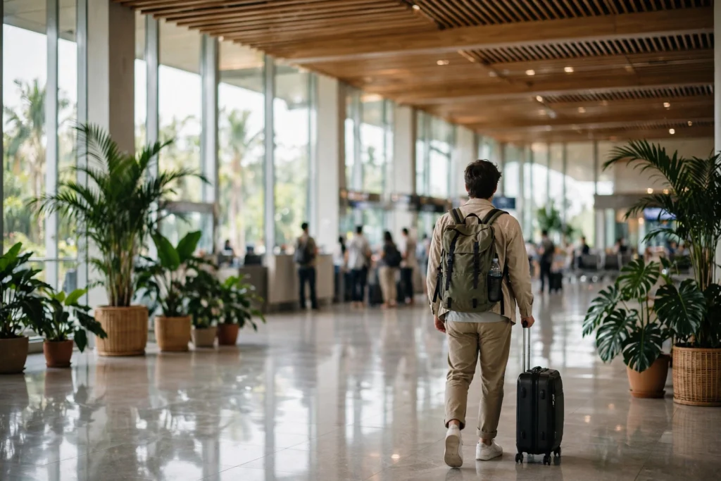 Traveler with a backpack and carry-on walking through a bright airport arrivals hall with tropical plants