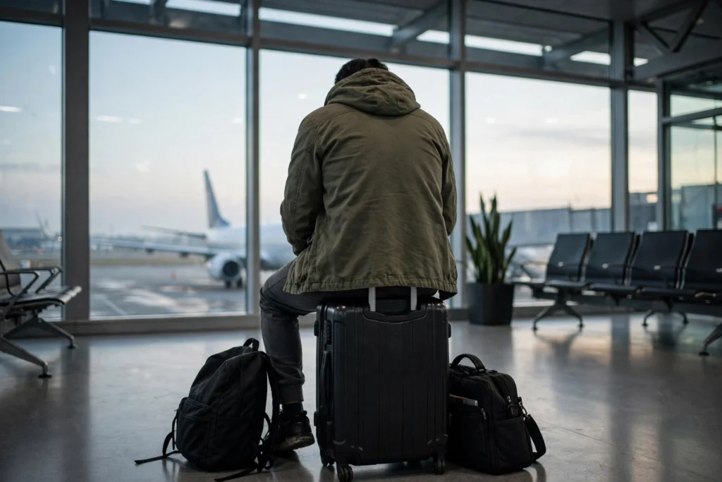Traveller seen from behind sitting on a black suitcase in a quiet airport gate area at dawn, with a backpack and laptop bag at their feet and an aircraft outside the window