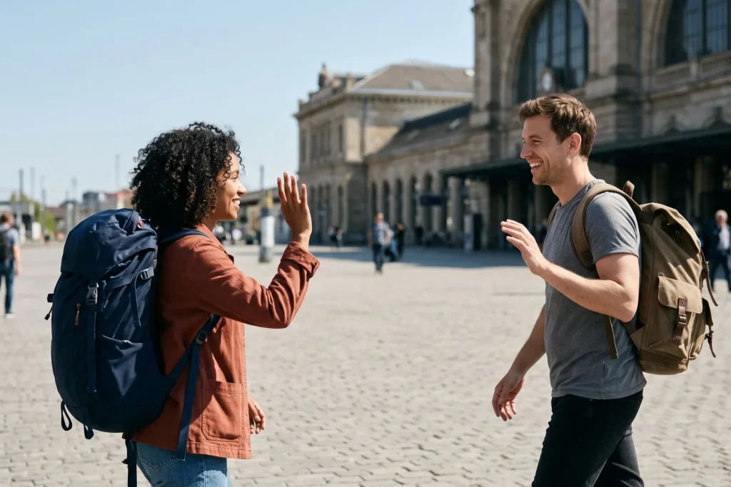 Two backpackers meeting for the first time in a sunny plaza in front of a train station, one waving hello