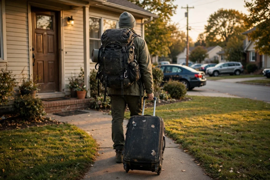 Traveller seen from behind with a large backpack pulling a worn suitcase along the path to a suburban house at golden hour