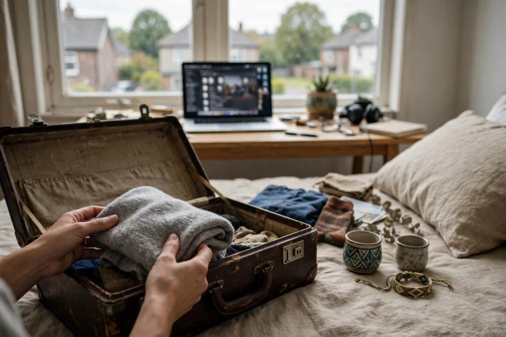 Hands folding a sweater into an old open suitcase on a bed at home, with small souvenirs beside it and a laptop on a desk by the window in the background