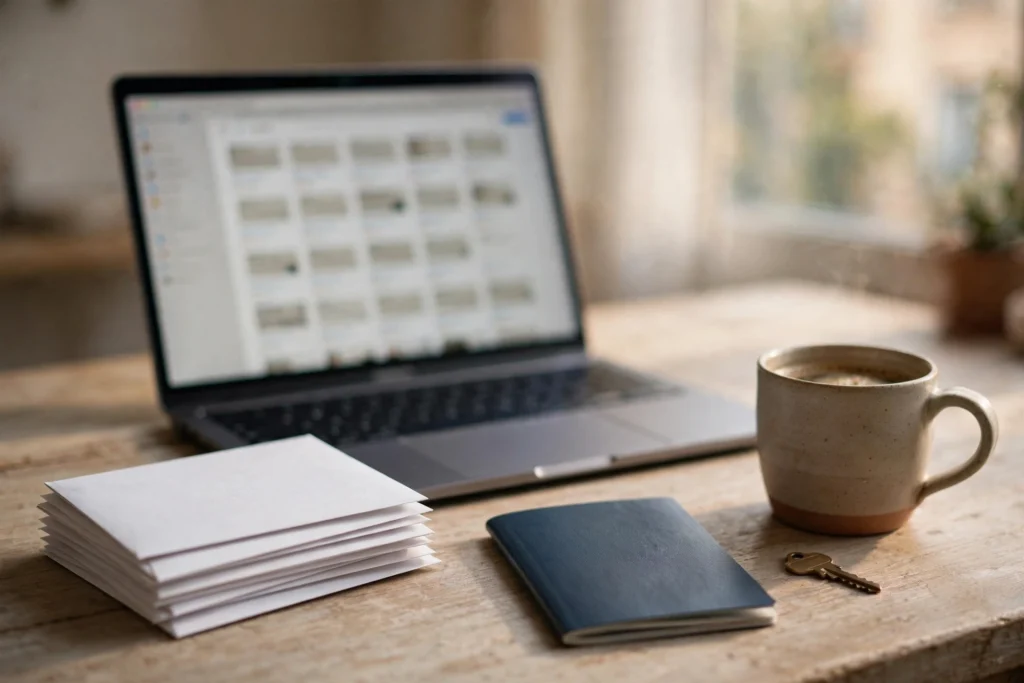 Desk in a rented apartment with a stack of plain envelopes, a laptop showing a scanned-mail inbox, a closed passport, a brass key and a coffee mug