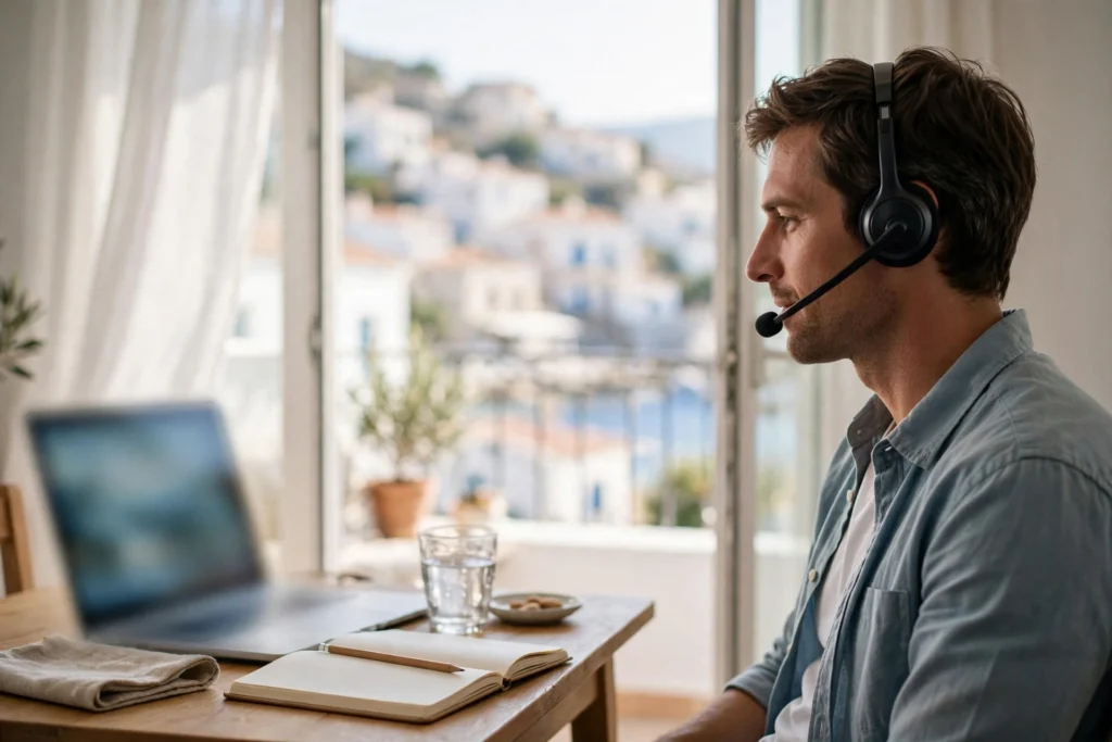 Remote worker wearing a headset on a video call at a table in a bright rented apartment, with a whitewashed seaside town visible through the balcony door