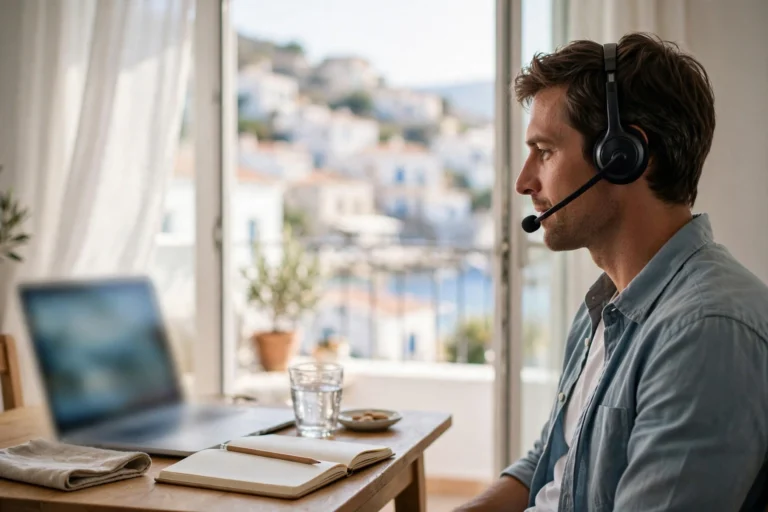 Remote worker wearing a headset on a video call at a table in a bright rented apartment, with a whitewashed seaside town visible through the balcony door