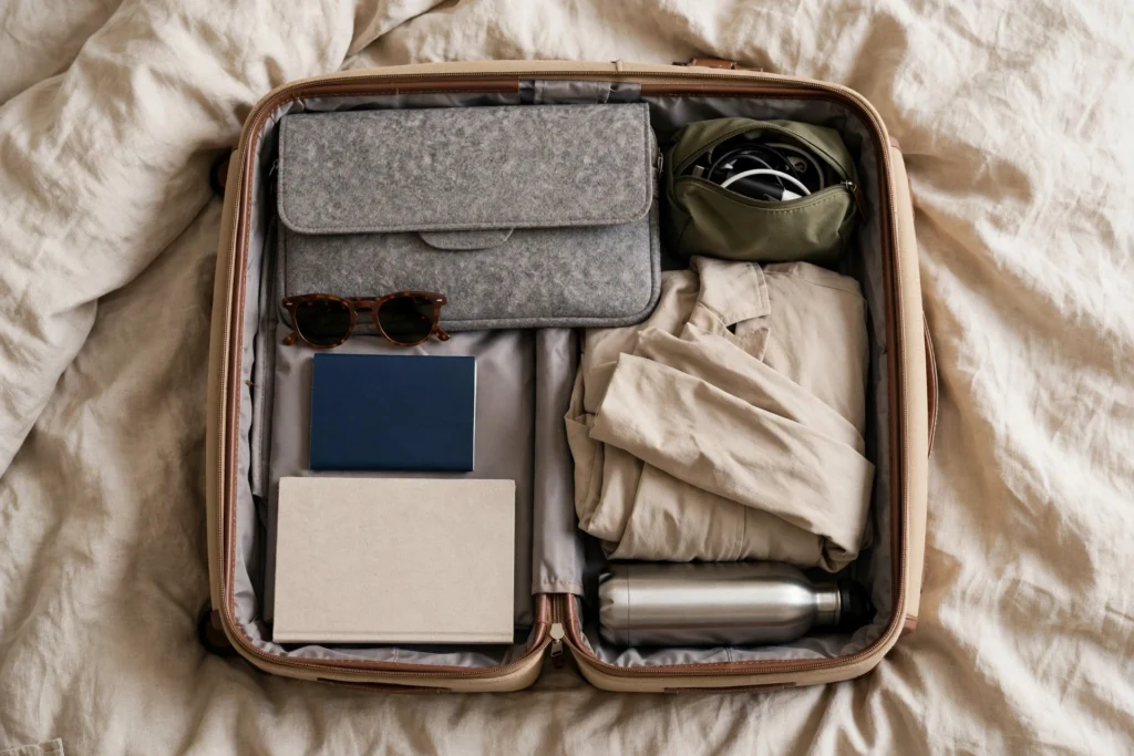 Overhead view of an open carry-on suitcase on a bed packed with a laptop sleeve, a charger pouch, sunglasses, a passport, a notebook, a light jacket and a water bottle