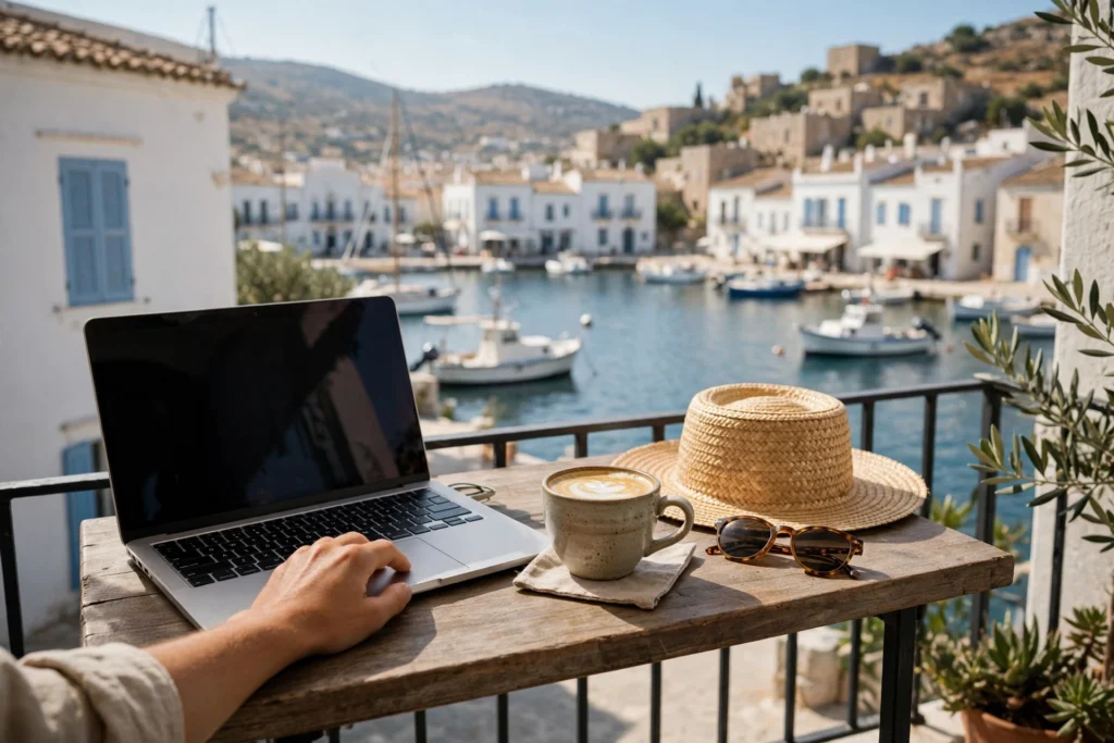 Laptop, coffee, straw hat and sunglasses on a balcony table overlooking a sunny harbour with whitewashed buildings and fishing boats