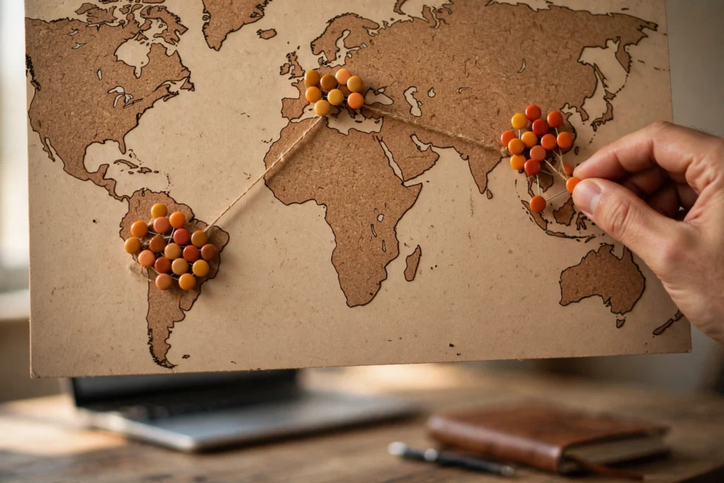 Hand pressing a coloured pin into an unlabeled cork world map with clusters of pins in Southeast Asia, southern Europe and Latin America